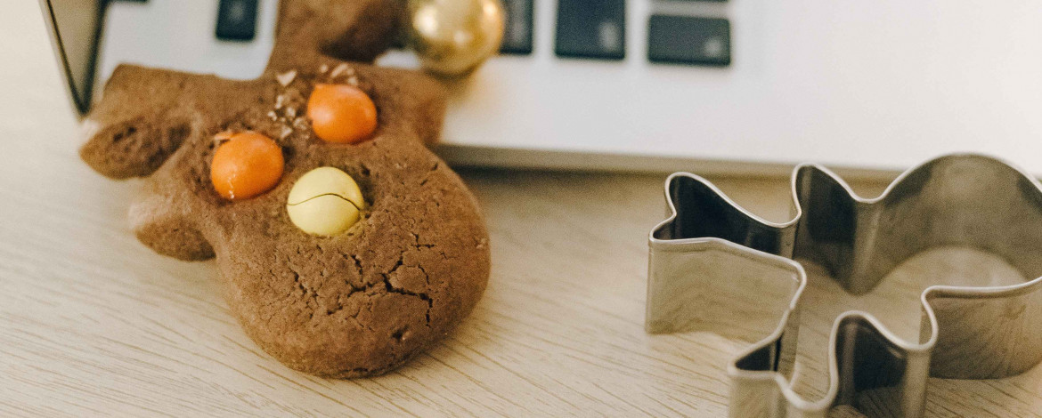 Ein Lebkuchen Elch und eine Ausstechform liegen neben einem aufgeklappten Laptop